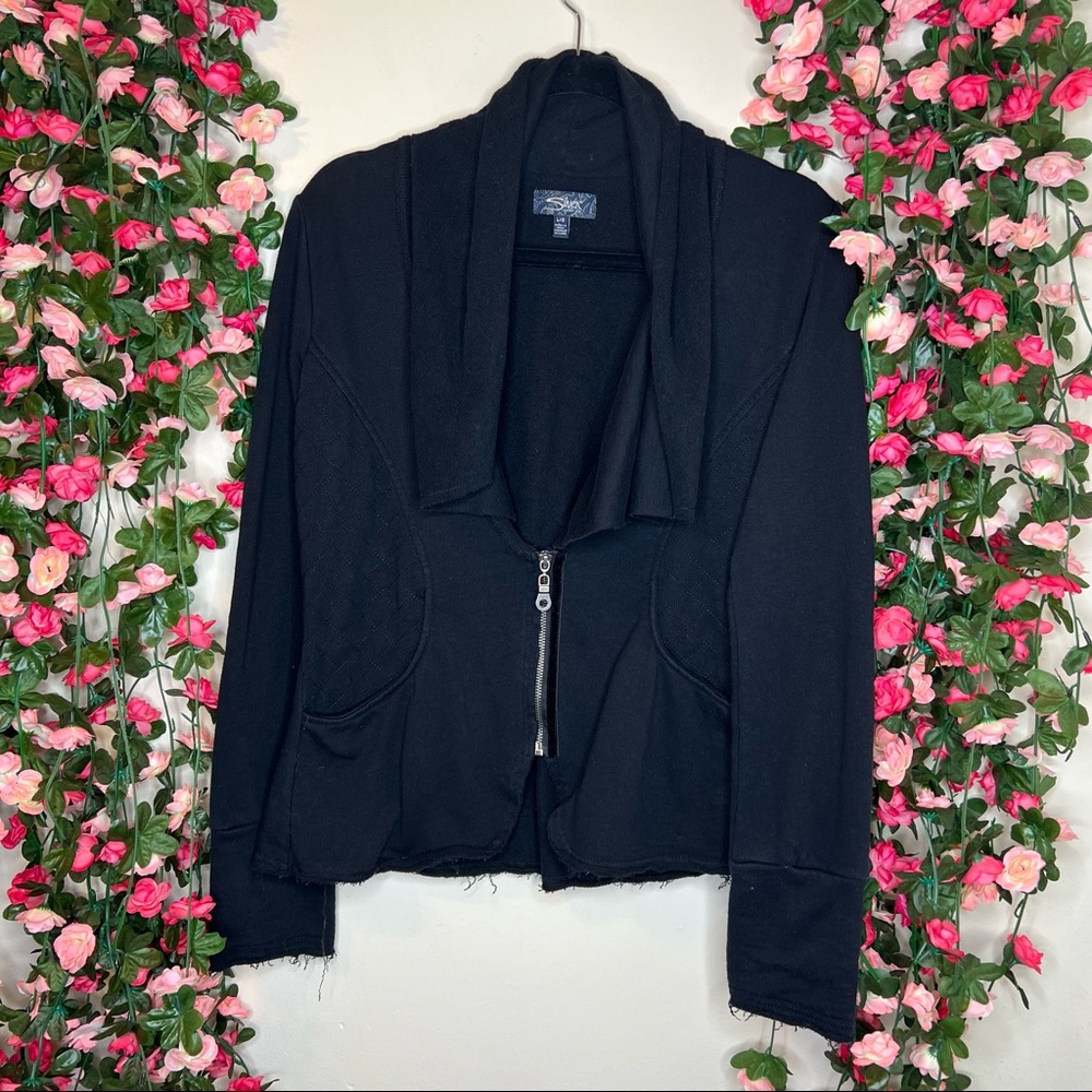 Silver Jeans Black Cinched Waist Zip Cardigan Womens Elbow Patch Button Wrist L